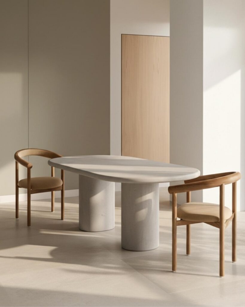 mesa de microcemento ovalada con dos patas cylindricas GROVE